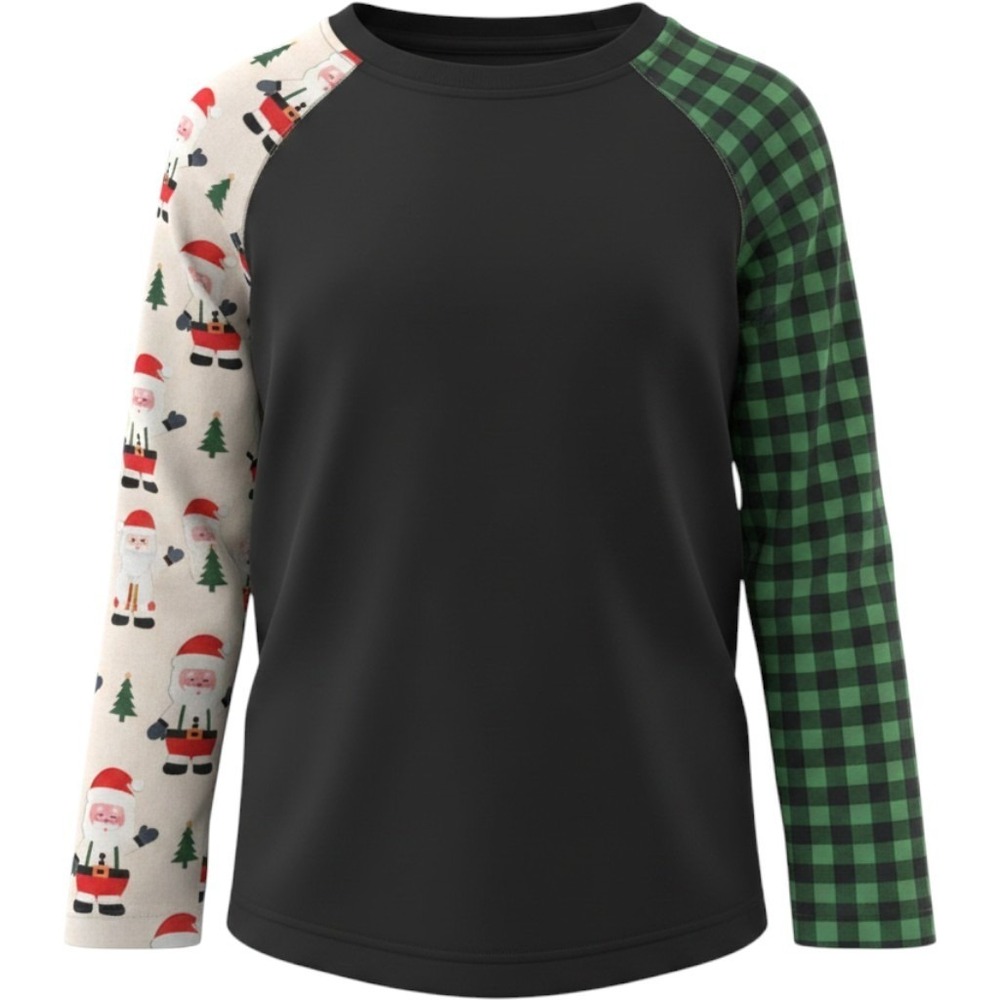 Pete + Lucy Raglan Shirt Kids 4 Black Santa Plaid Mismatched Holiday Tee